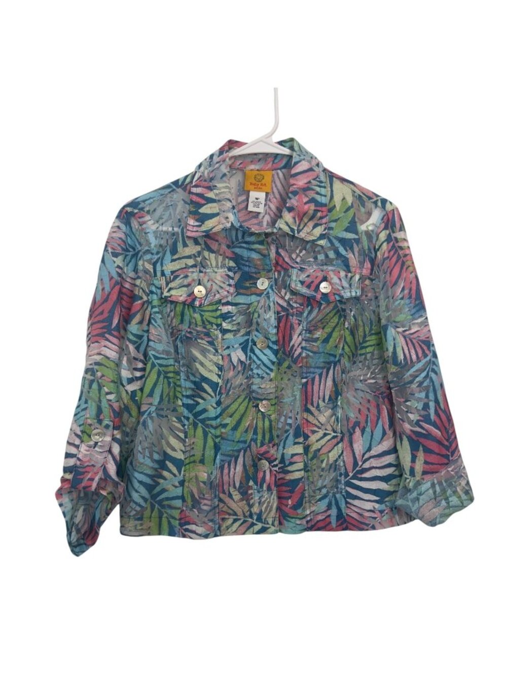 Ruby Rd. Petite 10P Tropical Leaf Print Button-Up Sheer Lightweight Jacket